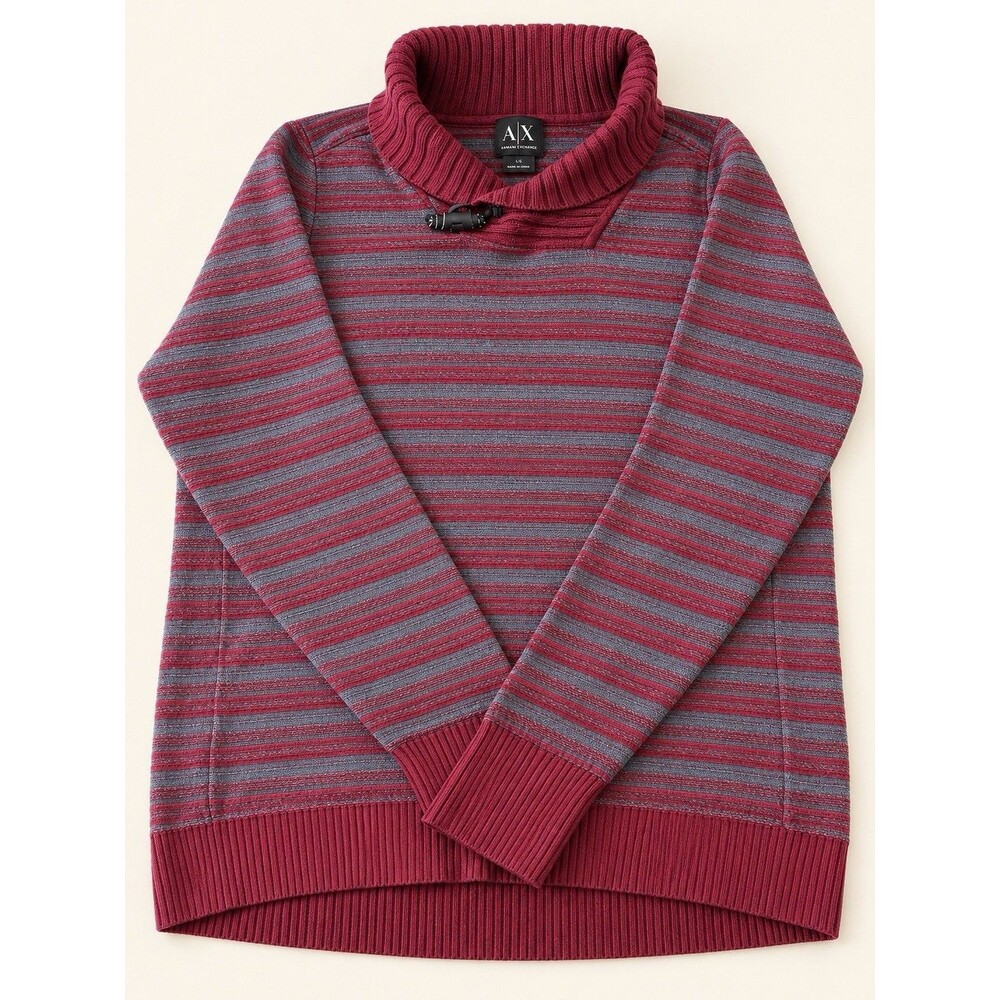 A|X Armani Exchange Striped Cowl Neck Sweater Burgundy Gray Size Large L